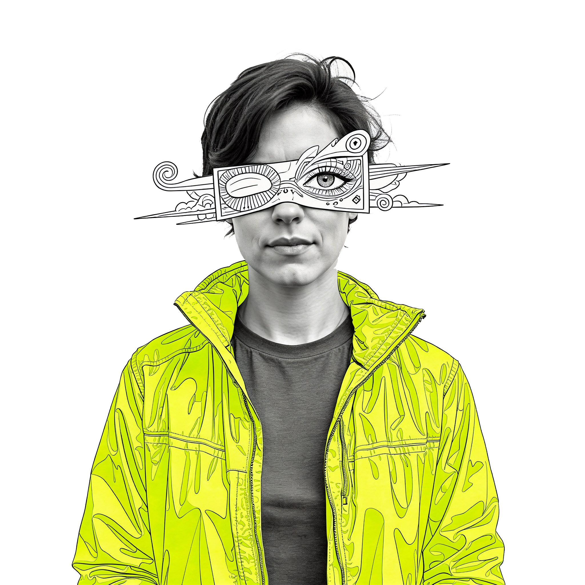 Person mit mittellangem Haar trägt eine leuchtend gelbe Jacke über einem dunklen T-Shirt vor schwarzem Hintergrund